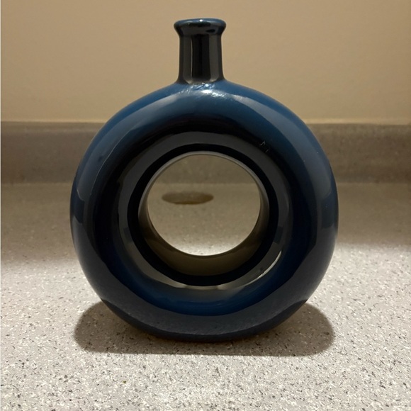 Modern Round Donut Hole Ceramic Vase – Navy Blue, 7” x 6” - Picture 1 of 4